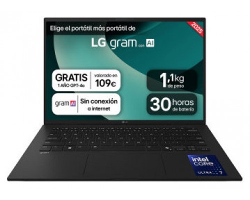 LG Gram 14ZD90T Intel Core Ultra 7 255H Portátil 35,6 cm (14") WUXGA 16 GB LPDDR5x-SDRAM 1 TB SSD FreeDOS Español Negro (Espera 4 dias)