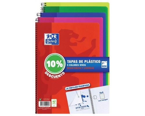 PACK 5 CUADERNOS TAPA PLÁSTICO Fº 80H.4X4 - COLORES VIVOS OXFORD 400091365 (Espera 4 dias)