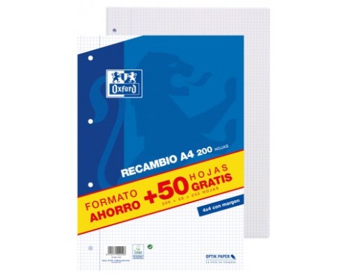 RECAMBIO A4 200+50 HOJAS 90GRS 4X4 MARGEN AZUL OXFORD 400119437 (Espera 4 dias)