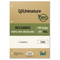 RECAMBIO RECICLADO A4 100 HOJAS 90GR LISO CON TALADROS UNINATURE 53392800 (Espera 4 dias)