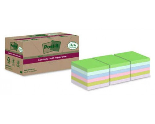 PACK 14+4 BLOCS 90 HOJAS NOTAS RECICLADAS ADHESIVAS 76X76MM SUPER STICKY COLORES SURTIDOS 654 RSSCOL14+4 POST-IT 7100284782 (Espera 4 dias)