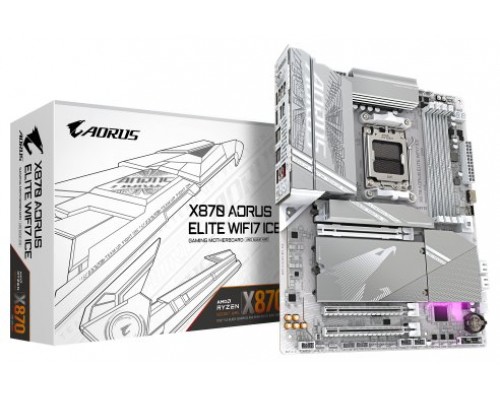 GIGABYTE Placa base X870 A ELITE WF7 ICE - Compatible con CPUs AMD Ryzen 9000, VRM digital de 16+2+2 fases, hasta 8000MHz DDR5 (OC), 4xPCIe 5.0 + 4xM.2, Wi-Fi 7, LAN 2.5GbE, USB 3.2 Gen 2x2 (Espera 4 dias)