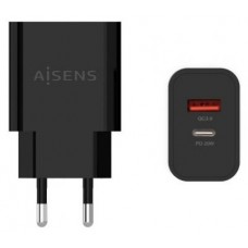 AISENS - CARGADOR 20W, 1xUSB-C PD3.0, 1xUSB-A QC3.0, NEGRO