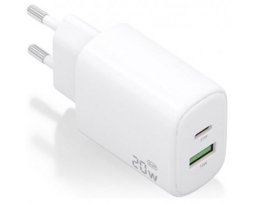 CARGADOR AISENS GAN 20W, 1XUSB-C PD3.0, 1XUSB-A QC3.0, BLANCO