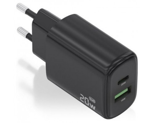 CARGADOR AISENS GAN 20W, 1XUSB-C PD3.0, 1XUSB-A QC3.0, NEGRO