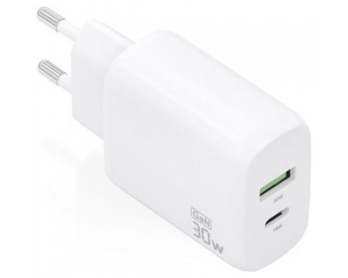 AISENS - CARGADOR GaN 30W, 1xUSB-C PD3.0 QC4.0, 1xUSB-A QC3.0, BLANCO