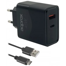 CARGADOR USB DE VIAJE/PARED 1xUSB/USB-C + CABLE USB-A A USB-C 45W NEGRO APPROX (Espera 4 dias)