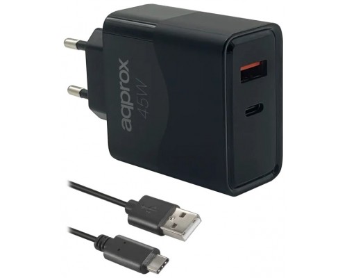 CARGADOR USB DE VIAJE/PARED 1xUSB/USB-C + CABLE USB-A A USB-C 45W NEGRO APPROX (Espera 4 dias)