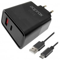 CARGADOR USB DE VIAJE/PARED 1xUSB/USB-C + CABLE USB-A A USB-C 65W NEGRO APPROX (Espera 4 dias)