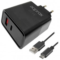 CARGADOR USB DE VIAJE/PARED 1xUSB/USB-C + CABLE USB-A A USB-C 65W NEGRO APPROX (Espera 4 dias)