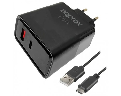 CARGADOR USB DE VIAJE/PARED 1xUSB/USB-C + CABLE USB-A A USB-C 65W NEGRO APPROX (Espera 4 dias)