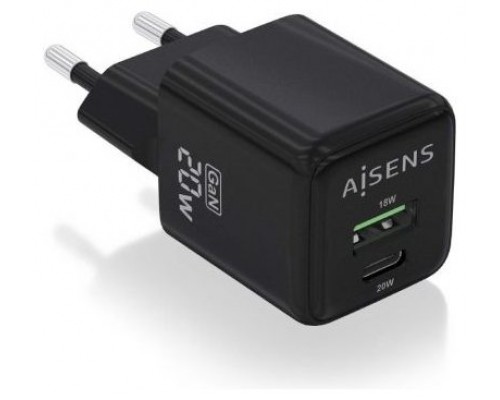 AISENS - CARGADOR GaN 20W, 1xUSB-C PD3.0 QC4.0, 1xUSB-A QC3.0, NEGRO