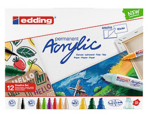 Edding Acrylic Negro, Azul, Verde, Azul claro, Verde claro, Rosa, Púrpura, Rojo, Blanco, Amarillo 12 pieza(s) (Espera 4 dias)