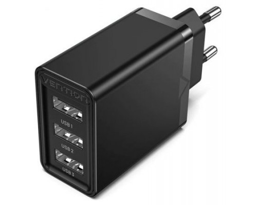 CARGADOR PARED/VIAJE 3xUSB-A 12W NEGRO VENTION (Espera 4 dias)