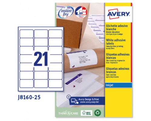 PAQUETE 25 HOJAS ETIQUETAS BLANCAS QUICK DRY-IMPRESORAS DE INYECCIÓN DE TINTA-63,5X38,1 MM AVERY J8160-25 (Espera 4 dias)