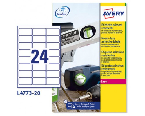 PAQUETE 20 HOJAS ETIQUETAS DE POLIÉSTER BLANCO-IMPRESORAS LÁSER-63,5X33,9 MM AVERY L4773-20 (Espera 4 dias)