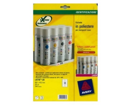 PAQUETE 20 HOJAS ETIQUETAS DE POLIÉSTER BLANCO-IMPRESORAS LÁSER-99,1X42,3 MM AVERY L4776-20 (Espera 4 dias)