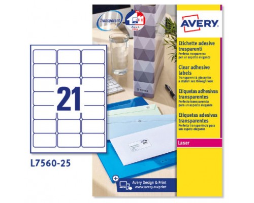 PAQUETE 25 HOJAS ETIQUETAS TRANSPARENTES QUICKPEEL-IMPRESORAS LÁSER-63,5X38,1 MM AVERY L7560-25 (Espera 4 dias)