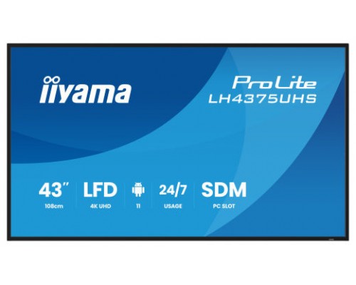 MONITOR IIYAMA 43" (LH4375UHS-B1AG) ANDROID 11 / 3844X2160 (4K UHD) / OPERACION 24/7 /500CD / LANDSC. Y PORTRAIT / 3XHDMI / DP / RJ45 / VESA 400X400 / ALTAVOCES 2X10W (Espera 4 dias)