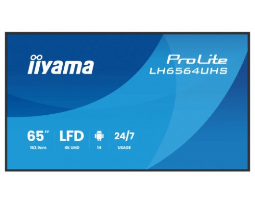MONITOR IIYAMA 65" 3840X2160, UHD VA DLED PANEL, HAZE 25% 500CD/M², LANDSCAPE AND PORTRAIT, SPEAKERS 2X 10W, 2X HDMIX 1X USB-C , USB 2.0 X2, WIFI, LAN, MEDIA PLAY USB PORT, CONTROL LAN / RS232C, IISIGNAGE2 (CMS/DMS), ANDROID 14 (LH654UHS-B1AG) (