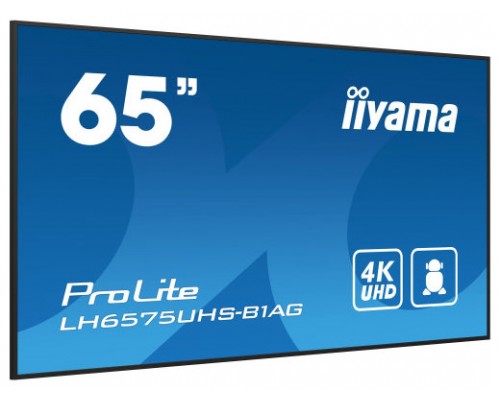 MONITOR IIYAMA 65" (LH6575UHS-B1AG)3840X2160, UHD IPS PANEL, OPERACION 24/7 500CD/M, LANDSCAPE PORTRAIT, SIGNAL FAILOVER, SPEAKERS 2X 10W, MULTIPLE INPUTS (DVI-I (VGA), HDMI 3X), DP-OUT , USB 2.0 X2, WIFI, LAN, MEDIA PLAY USB PORT, CONTROL LAN / RS23