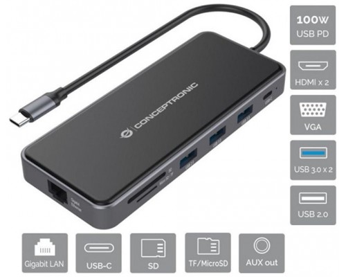 CONCEPTRONIC ADAPTADOR USB-C 12IN1 HDMIx2 VGA USB-C DATOS USB-A AUDIO LAN GIGABIT LECTOR DE TARJETAS DONN15G