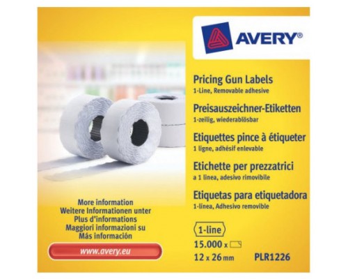 PACK 10 ROLLOS DE ETIQUETAS BLANCAS-DESPEGABLES DE 1 LÍNEA-1.500 ETIQUETAS 12X26MM POR ROLLO AVERY PLR1226 (Espera 4 dias)