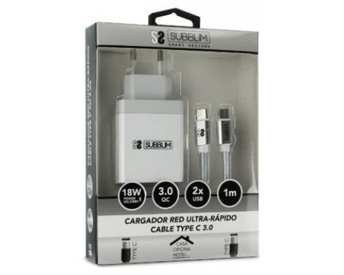 SUBBLIM CARGADOR ULTRA RAPIDO 2xUSB DE PARED PD18W+2.4A + Cable C to C Blanco (Espera 4 dias)