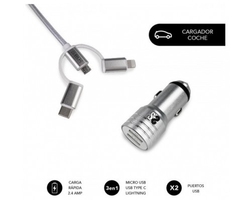 CARGADOR COCHE SUBBLIM ALUM 2.4A + CABLE 3 IN1 SILVER