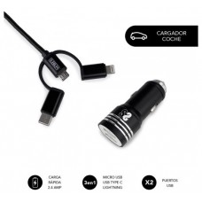 CARGADOR USB COCHE 2xUSB (2.4A) + CABLE 3EN1 NEGRO SUBBLIM (Espera 4 dias)