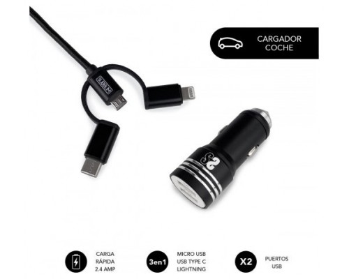 SUBBLIM Cargador Coche 2xUSB Dual Car Charger Alum 2.4A + Cable 3 in 1 Black (Espera 4 dias)