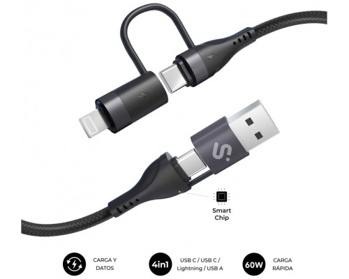 CABLE TOP 4 EN 1 60W USB-A/2xUSB-C/LIGHTNING 1 M NEGRO SUBBLIM (Espera 4 dias)