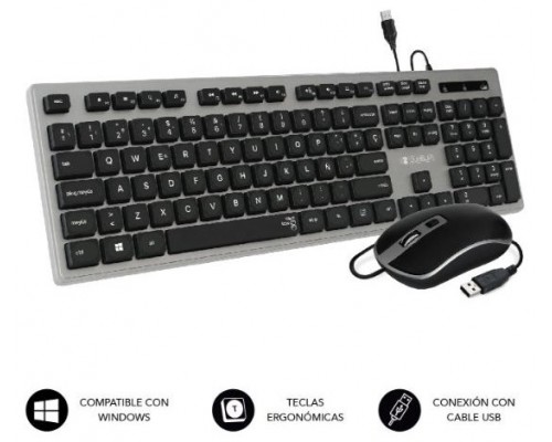 SUBBLIM Teclado Ergonómico y ratón con cable USB Plano Silencioso Gris/Negro Ergo (Espera 4 dias)