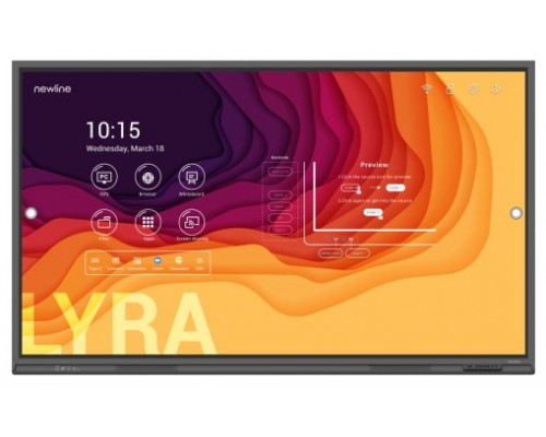 NEWLINE LYRA TT-8621Q -MONITOR TACTIL 86",ANDROID 11, MULTI USER, MM  2X20W, WIFI 6 + BT, CRISTAL ANTIMICROB., USB-C 65W, 4GB RAM/64GB ROM, 20 PTOS., RECON. OBJS., RES. 4K, CAST (PROYEC. INALAM.), BROADC. (STREAMING), DISPL MGMNT, OPS OPC., 3 A&Ntild